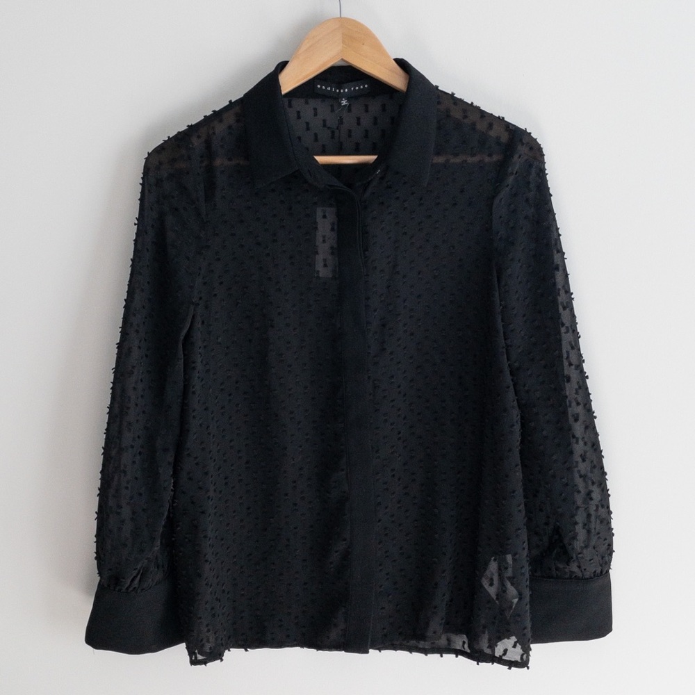 Endless Rose Black Dobby Ribbon Texture Button Down Long Sleeves Shirt, NWT, S